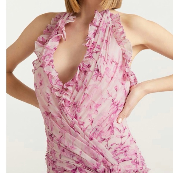 NWT Cinq a Sept Agatha Chiffon Ruffled Gown in Vibrant Plum Multi Size 10 - Picture 7 of 17